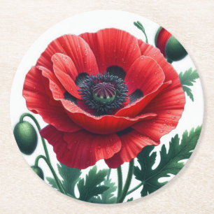 Red Poppy Floral Runder Pappuntersetzer