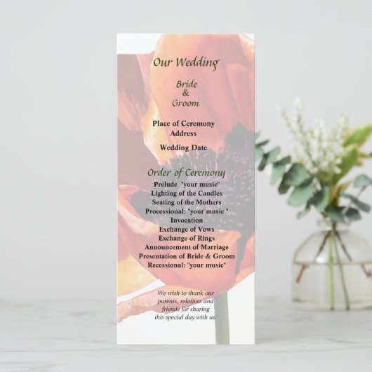 Red Poppy-Hochzeitsprogramm in Sunshine Programm (Stehend Vorderseite)