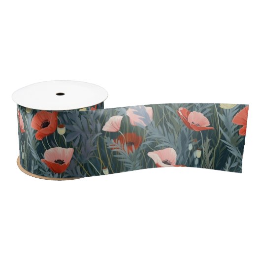 Red Poppy Meadow Satinband (Spule)