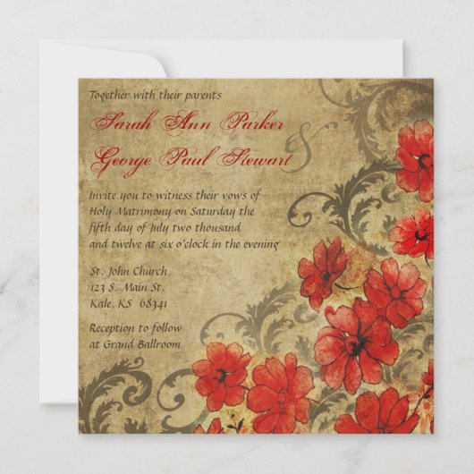 Red Poppy mit Schnörkel Vintage Wedding Einladung (Vorderseite)