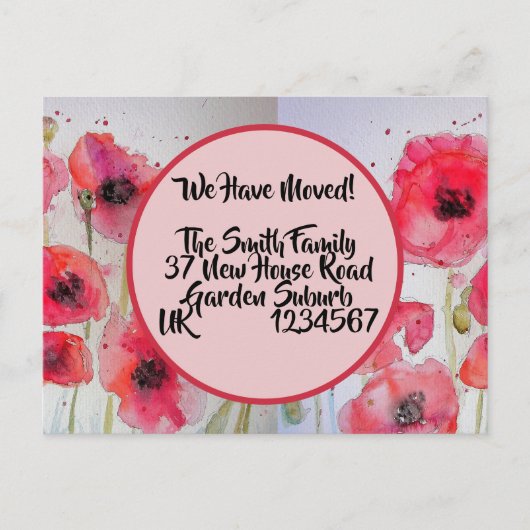 Red Poppy neue Adresse Postcard, wir bewegen uns Postkarte (Vorderseite)