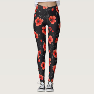 Red Poppy Pattern Leggings