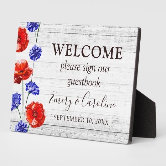 Red Poppy & Rustic Wood Welcome Wedbook Fotoplatte (Seite)