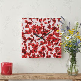 Red Poppy Wall Clock Quadratische Wanduhr