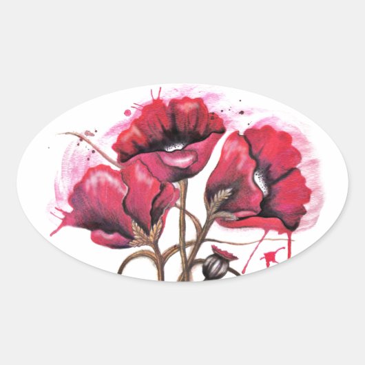 Red Poppy Watercolor Ovaler Aufkleber (Vorderseite)