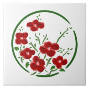 Red Posey Circle Decorative Tile Fliese