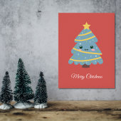 Red Poster mit Kawaii Weihnachtsbaum