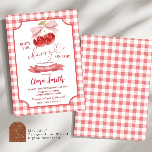 Red Preppy Coquette Cherry auf Top Baby Dusche Einladung