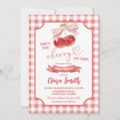 Red Preppy Coquette Cherry auf Top Baby Dusche Einladung (Vorderseite)