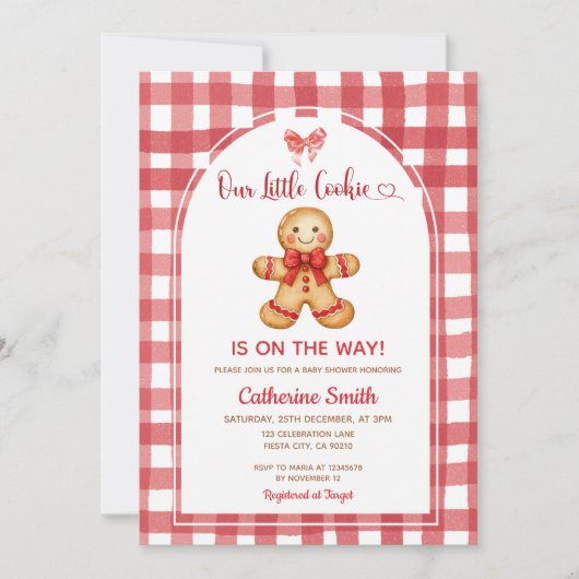 Red Preppy Gingham Gingerbread Baby Shower Einladung (Vorderseite)
