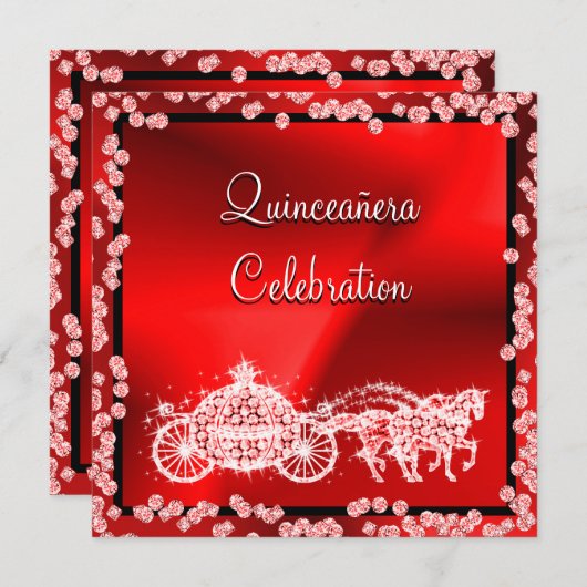 Red Princess Coach & Horses Quinceañera Einladung (Vorne/Hinten)