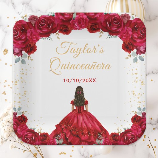 Red Princess Floral Quinceañera Pappteller