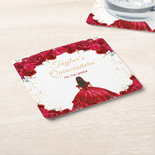 Red Princess Floral Quinceañera Rechteckiger Pappuntersetzer (angewinkelt)