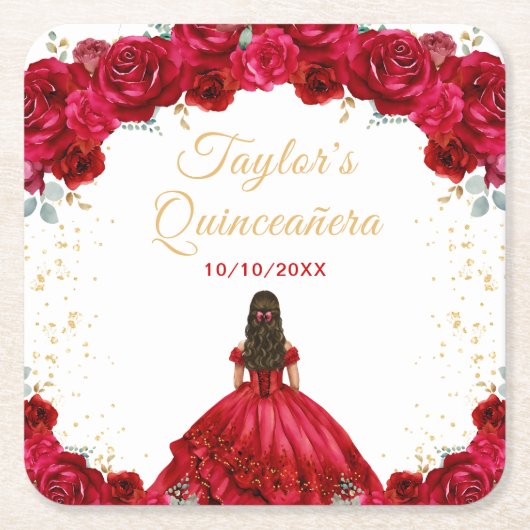 Red Princess Floral Quinceañera Rechteckiger Pappuntersetzer (Vorderseite)