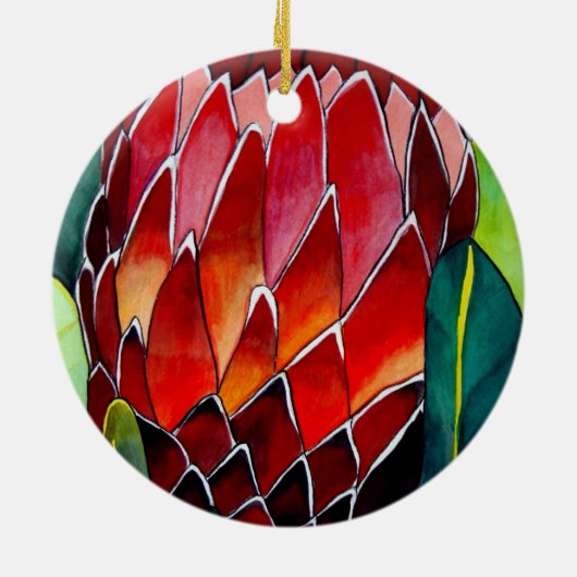 Red Protea Blume Original Aquarellkunst Keramikornament (Hinten)