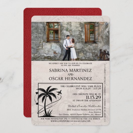 Red Puerta Vallarta Passport Wedding Einladung (Vorne/Hinten)
