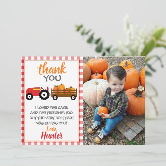 Red Pumpkin Tractor Danke Karte (Stehend Vorderseite)