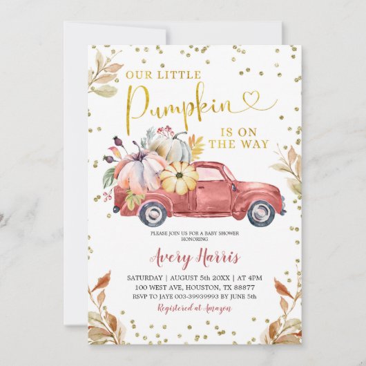 Red Pumpkin Truck Baby Shower Einladung (Vorderseite)