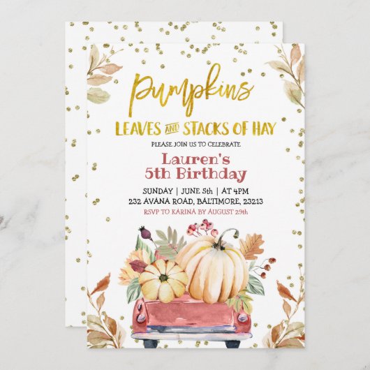 Red Pumpkin Truck Farm Geburtstag Einladung (Vorne/Hinten)