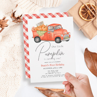 Red Pumpkin Truck Gingham 1. Geburtstag Einladung