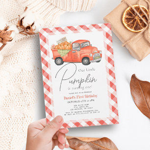 Red Pumpkin Truck Gingham 1. Geburtstag Einladung