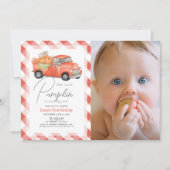 Red Pumpkin Truck Gingham Foto 1. Geburtstag Einladung (Vorderseite)