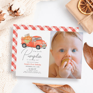 Red Pumpkin Truck Gingham Foto 1. Geburtstag Einladung