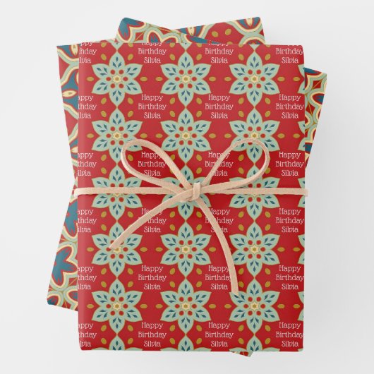 Red Quilt Muster Happy Birthday Add Name 3 Geschenkpapier Set (Beispiel)