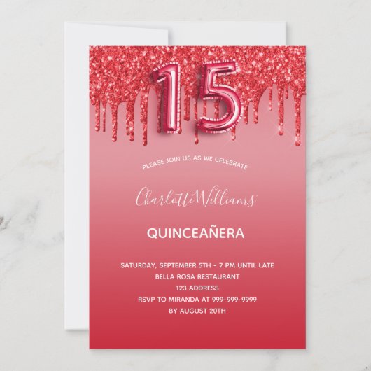 Red Quinceanera Glitzer Tropfen Ballon luxuriös Einladung (Vorderseite)