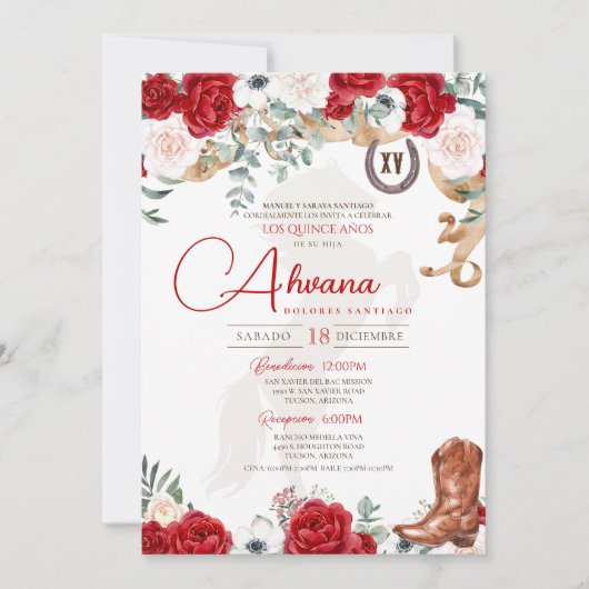 Red Quinceanera Rose Anemone Extravagant Charro/Co Einladung (Vorderseite)