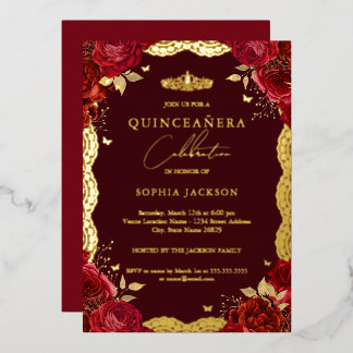 Red Quinceanera Rose Gold Lace Birthday Folieneinladung