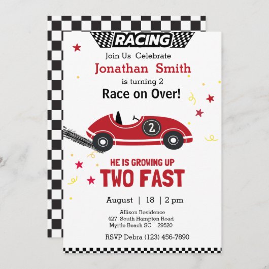 Red Race Car 2. Geburtstag Party Einladung (Vorne/Hinten)