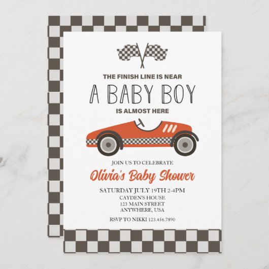 Red Race Car Baby Dusche Einladung (Vorne/Hinten)