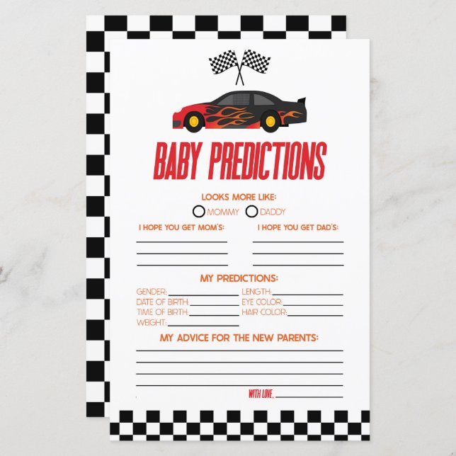 Red Race Car Baby Shower Predictions Game (Vorne/Hinten)