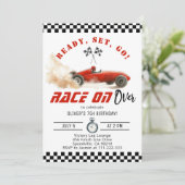 Red Race Car Bereit Set Racing Jegliche Jahreszeit Einladung (Stehend Vorderseite)