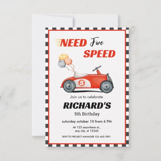 Red Race Car Birthday | Fünf Geschwindigkeiten ben Einladung (Vorderseite)