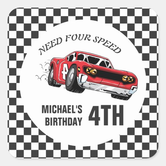 Red Race Car Birthday Party Invitation Quadratischer Aufkleber (Vorderseite)
