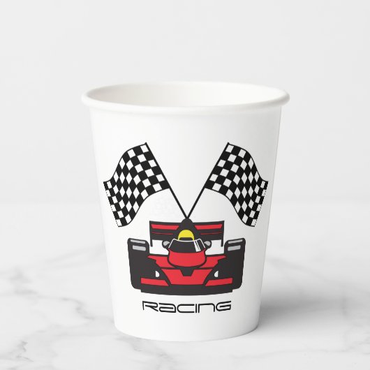 Red Race Car Checked Flag Design Paper Cup Pappbecher (Rückseite)