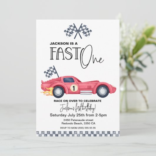 Red Race car FAST ONE Birthday invition Einladung (Stehend Vorderseite)