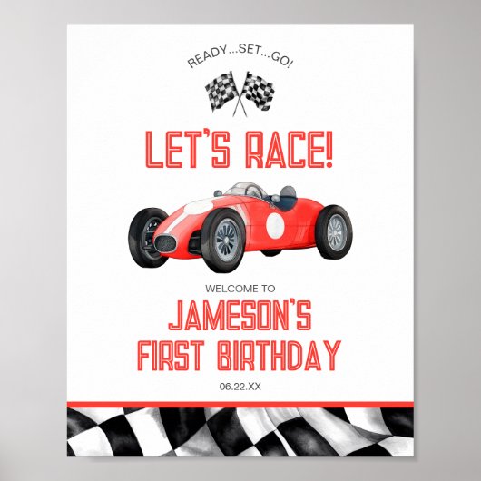Red Race Car Geburtstagsparty Begrüßungszeichen Poster (Vorne)
