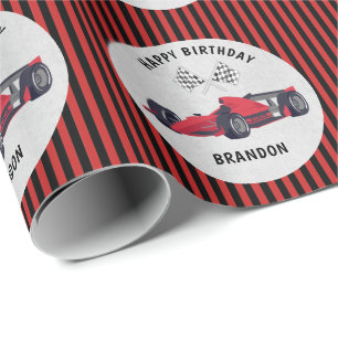 Red Race Car gestreift Geburtstag Personalisierte  Geschenkpapier