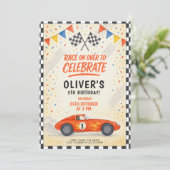 Red Race Car Kids Birthday Einladung (Stehend Vorderseite)