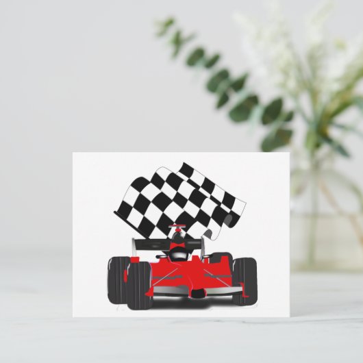 Red Race Car mit Checkbox Postkarte (Stehend Vorderseite)