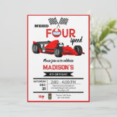 Red Race Car Need Four Speed Birthday Party Einladung (Stehend Vorderseite)