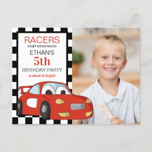 Red Race Car Schwarz-weiß Checkered 5. Geburtstag Postkarte