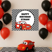 Red Race Car Schwarz-weiß Checkered Birthday Party Poster