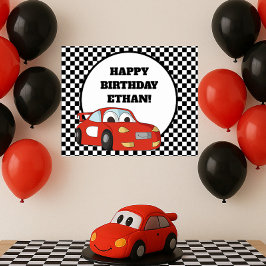 Red Race Car Schwarz-weiß Checkered Birthday Party Poster
