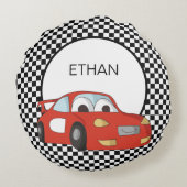 Red Race Car Schwarz-weiß Checkered Flag Child's Rundes Kissen (Rückseite)