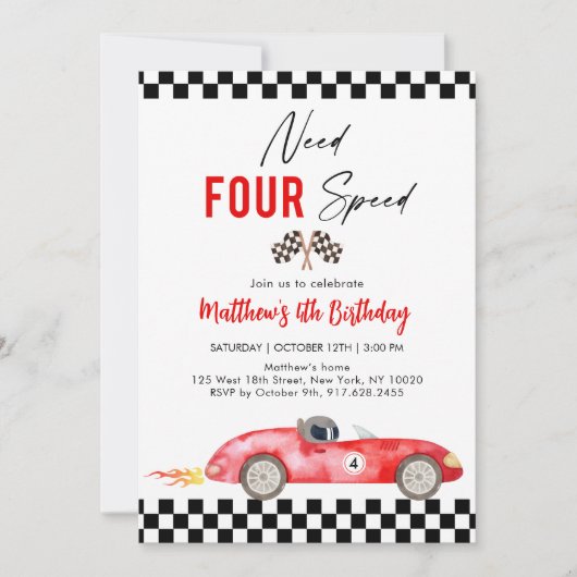 Red Race Car Vierte Geburtstag Einladung (Vorderseite)