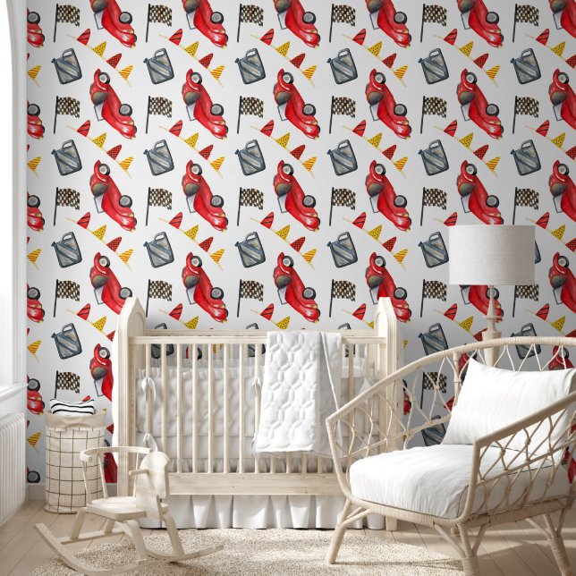 Red Race Cars Boy Seamless Pattern Nursery Room Tapete (Kinder)